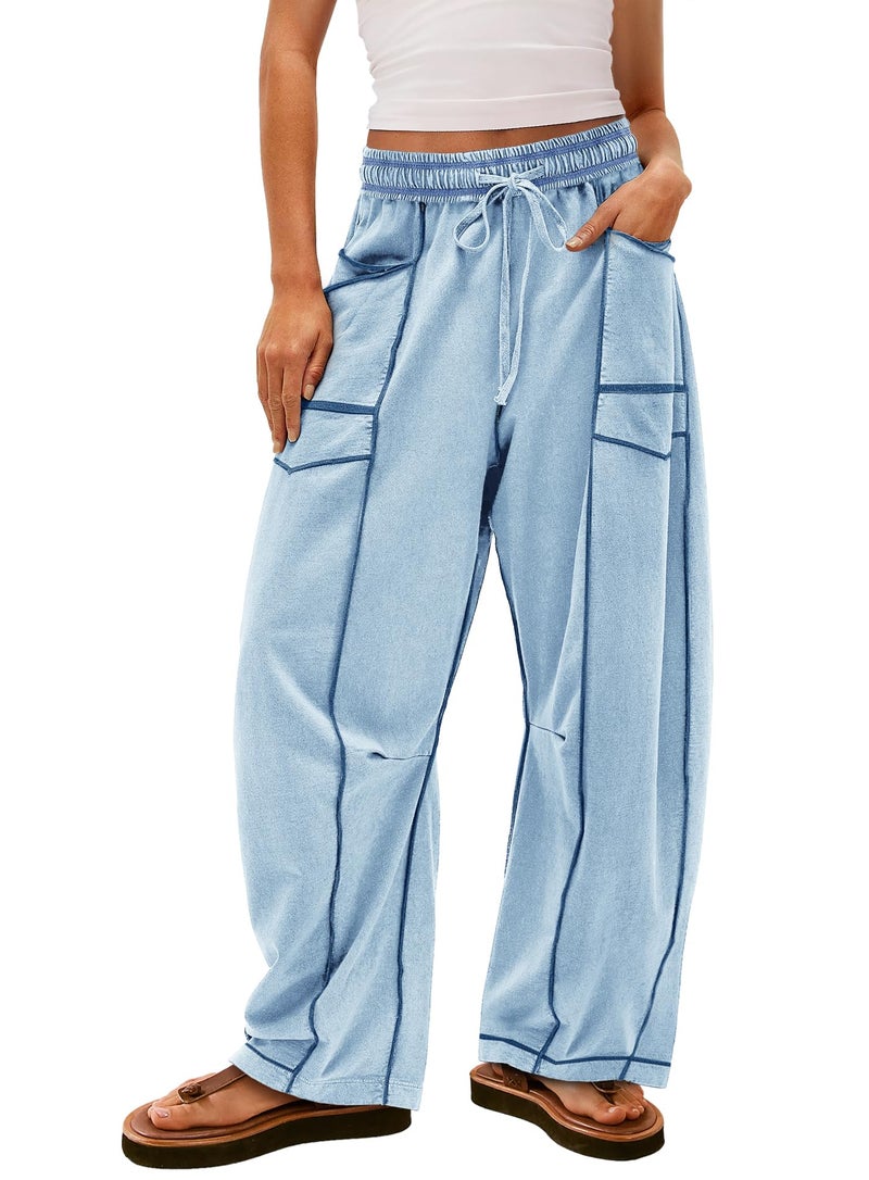 Yanekop Womens Baggy Wide Leg Pants Casual Fall Trousers Palazzo Pants Drawstring Waist Barrel Sweatpants with Pockets(Light Blue,S) - Image 1