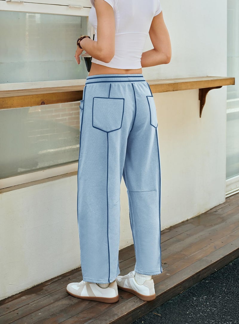 Yanekop Womens Baggy Wide Leg Pants Casual Fall Trousers Palazzo Pants Drawstring Waist Barrel Sweatpants with Pockets(Light Blue,S) - Image 5