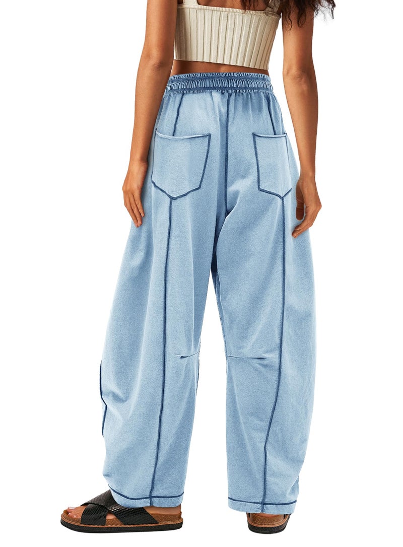 Yanekop Womens Baggy Wide Leg Pants Casual Fall Trousers Palazzo Pants Drawstring Waist Barrel Sweatpants with Pockets(Light Blue,S) - Image 2