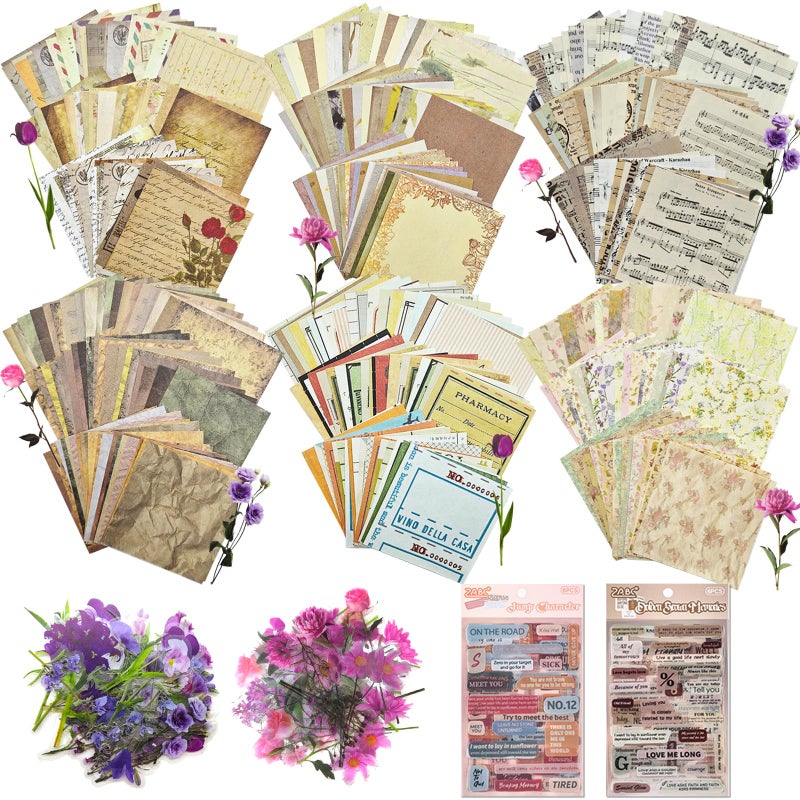 Naszonus 699 Pcs Vintage Scrapbook Paper Kit, Scrapbook Paper Supplies with Flowers Stickers, Journaling Decorative CraftPaper Set for Junk Journal, Retro Crafts - Image 1