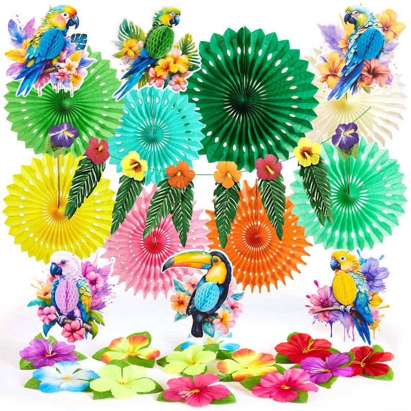 PAPER JAZZ Tropical Toucan Hibiscus Party Decorations Hawaiian Jungle Theme Supplies Yellow Pink Hanging Ornaments for Luau Tiki Party