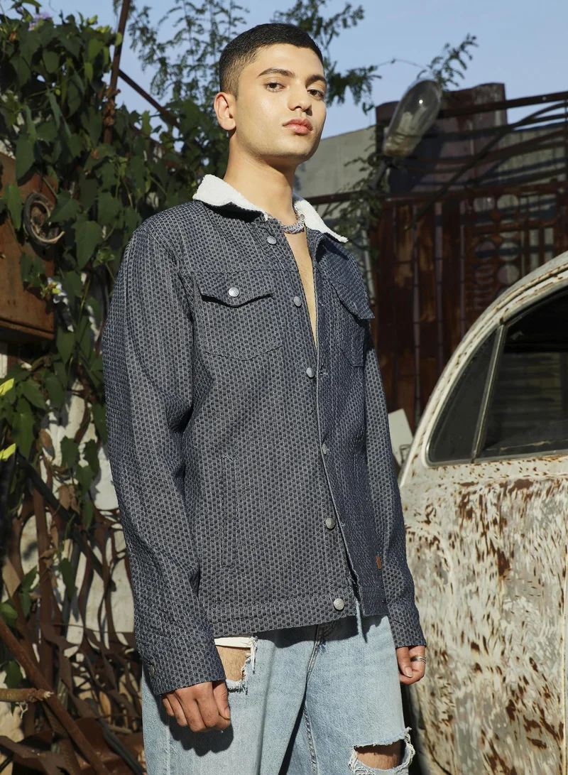Campus Sutra Men's Denim Blue Fleece Polka Dot Denim Jacket