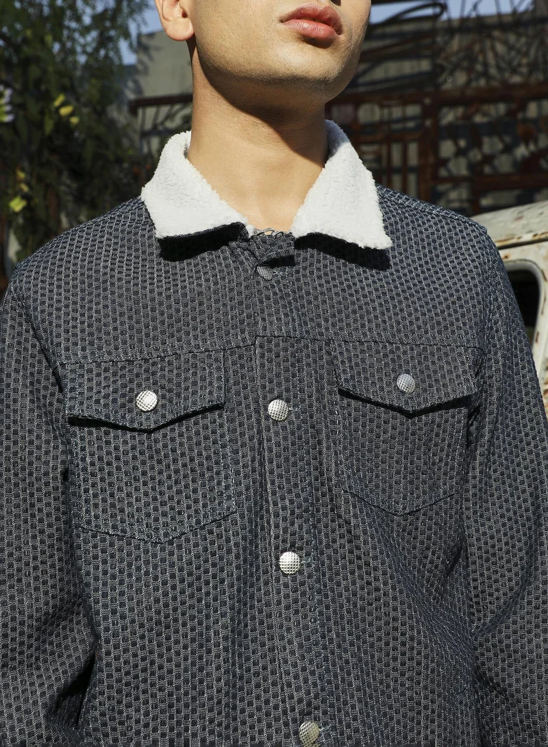 Campus Sutra Men's Denim Blue Fleece Polka Dot Denim Jacket