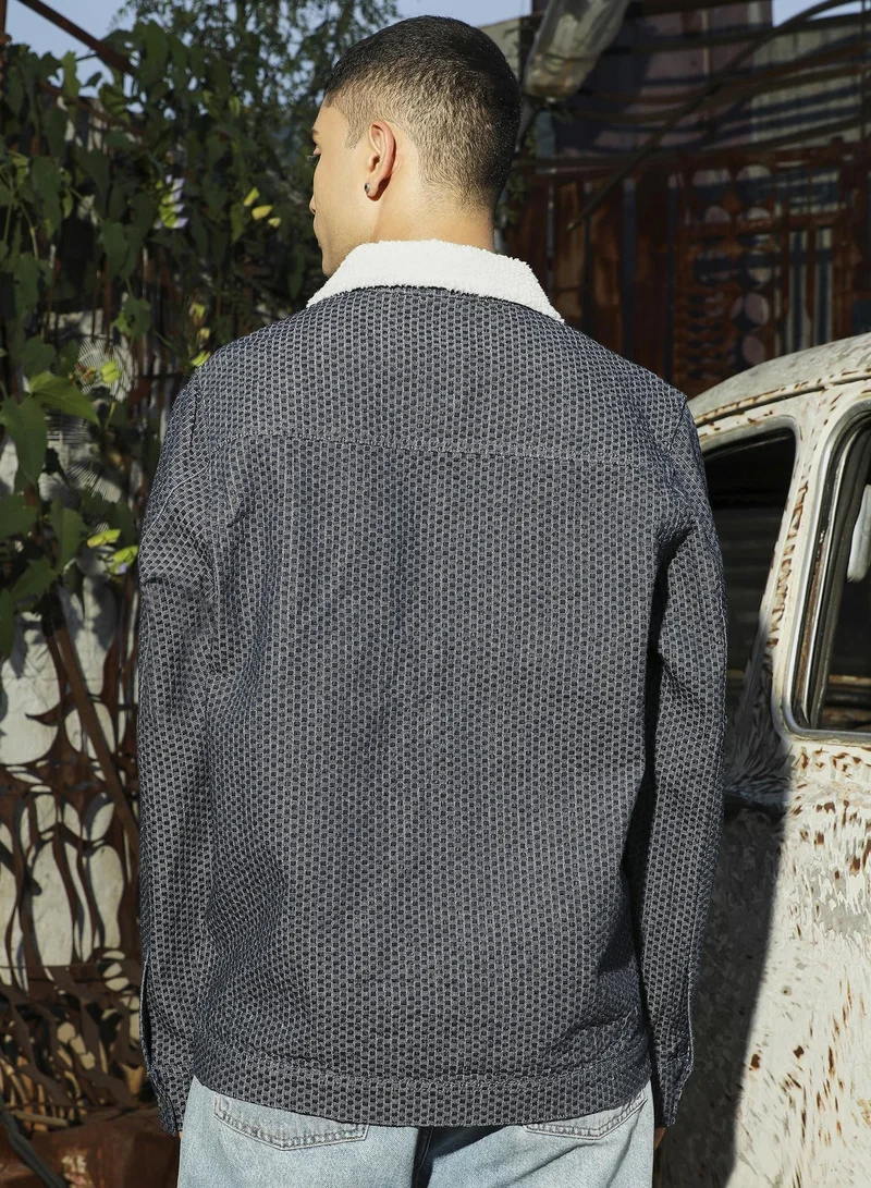Campus Sutra Men's Denim Blue Fleece Polka Dot Denim Jacket