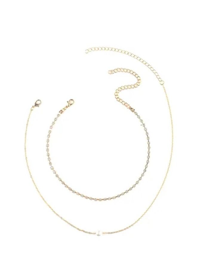 Set of 2 Solid Colour Rhinestone Imitation Pearl Décor Necklaces