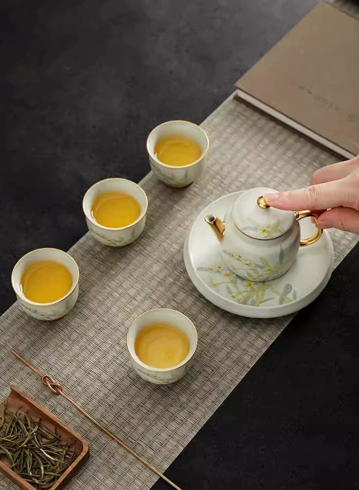 Wisalia Exquisite 6-piece ceramic tea set, Chinese Ru kiln tea set gift set, exquisite craftsmanship, including 1 teapot, 1 plate, and 4 tea cups, making it the best choice for gift giving.  - Image 2