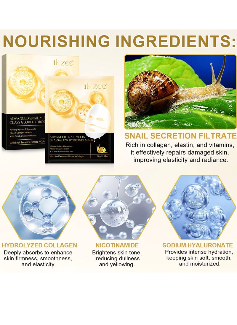 IKZEE 4Pcs Advanced Snail Mucin Glass Glow Hydrogel Mask Face Skincare Hydrating Lifting Firming Soothing Facial Mask Sheet with Snail Mucin and Collagen Night Wrapping Collagen Face Sheets Masks  - Image 2