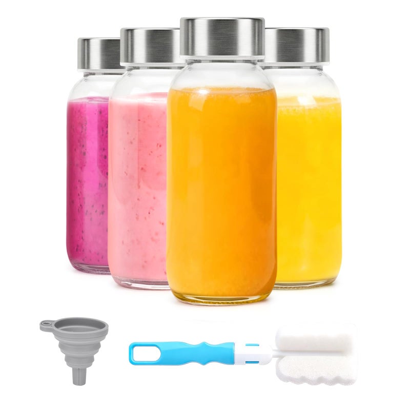 Luxfuel 8 oz Glass Water Bottles with Lids, 4 Pack Small Glass Juice Bottles with Stainless Steel Caps & Funnel, Leak-Proof Containers for Juicing, Milk, Ginger Shots, Smoothies, Wellness Drinks - Image 1