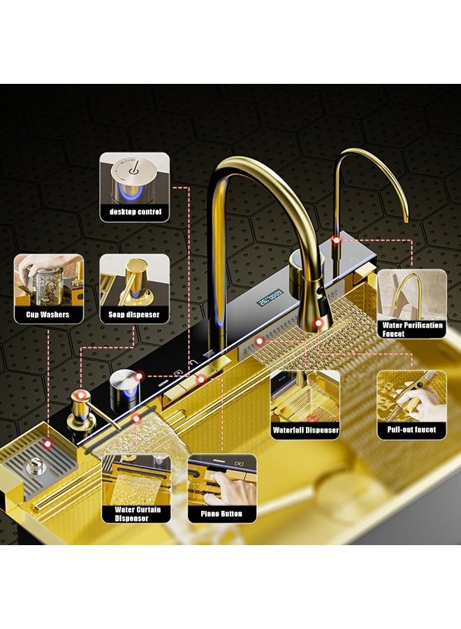 Golden Kitchen Sink Home Deluxe Smart Kitchen Sink Multifunctional Nano Stainless Steel Waterfall Sink With Desktop Control Single Sink Piano Sink With Temperature Digital Display  - Image 2