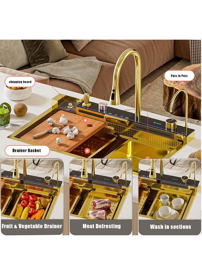 Golden Kitchen Sink Home Deluxe Smart Kitchen Sink Multifunctional Nano Stainless Steel Waterfall Sink With Desktop Control Single Sink Piano Sink With Temperature Digital Display  - Image 3