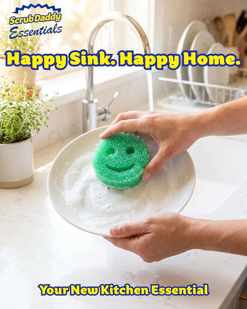 سكراب دادي منتجات Scrub Daddy Essentials للمطبخ: فرشاشات غسيل، فرشاشات مضادة للخدوش، منتجات تنظيف مقاومة للروائح، مناسبة للاستخدام في غسالة الأطباق، عبوة تحتوي على 4 قطع - Image 4
