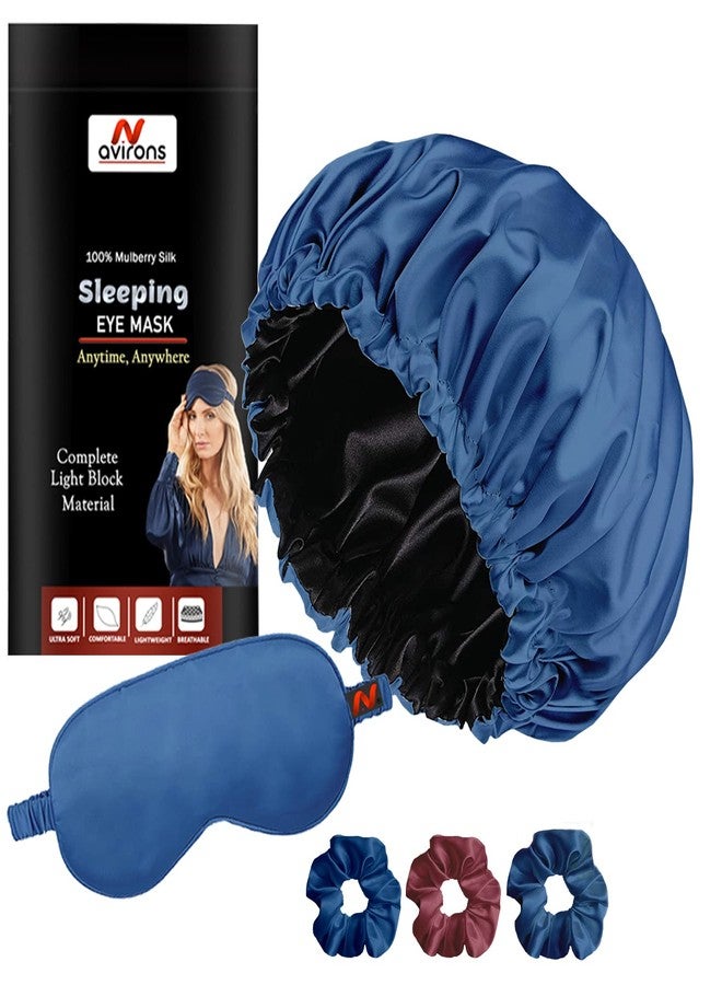 Avirons Satin Hair Bonnet with Eye Mask for Sleeping | Silk Satin Bonnet Cap for Sleeping with Scrunchies, Adjustable for All Head | Sleeping Eye Mask Blind Fold for Deeply Sleep | Blue - Image 1