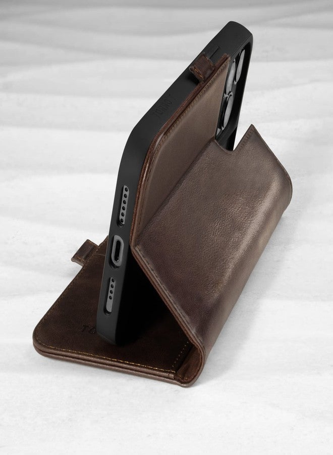 TORRO Leather Case Compatible with iPhone 14 Pro - Genuine Leather Wallet Case/Cover with Card Holder and Stand Function (Dark Brown) - Image 3