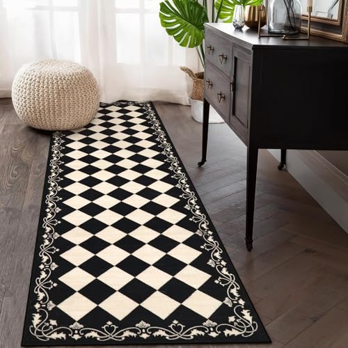 Beeiva Checkered Bathroom Runner Rug 2x6 Black and White Washable Runners for Hallways Non Slip Moroccan Trellis 2x6 Rug for Besides Laundry Kitchen Checkerboard Stain Resistant Bathroom Decor - Image 1