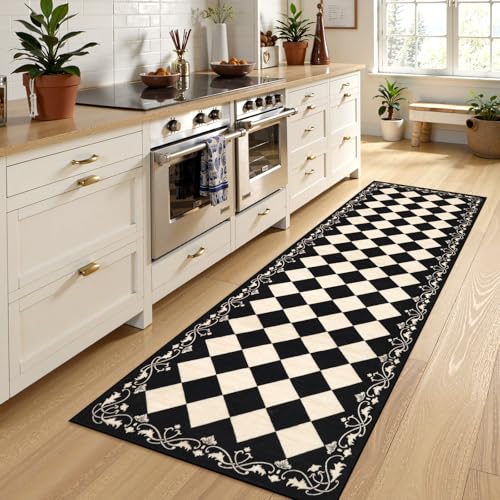 Beeiva Checkered Bathroom Runner Rug 2x6 Black and White Washable Runners for Hallways Non Slip Moroccan Trellis 2x6 Rug for Besides Laundry Kitchen Checkerboard Stain Resistant Bathroom Decor - Image 3