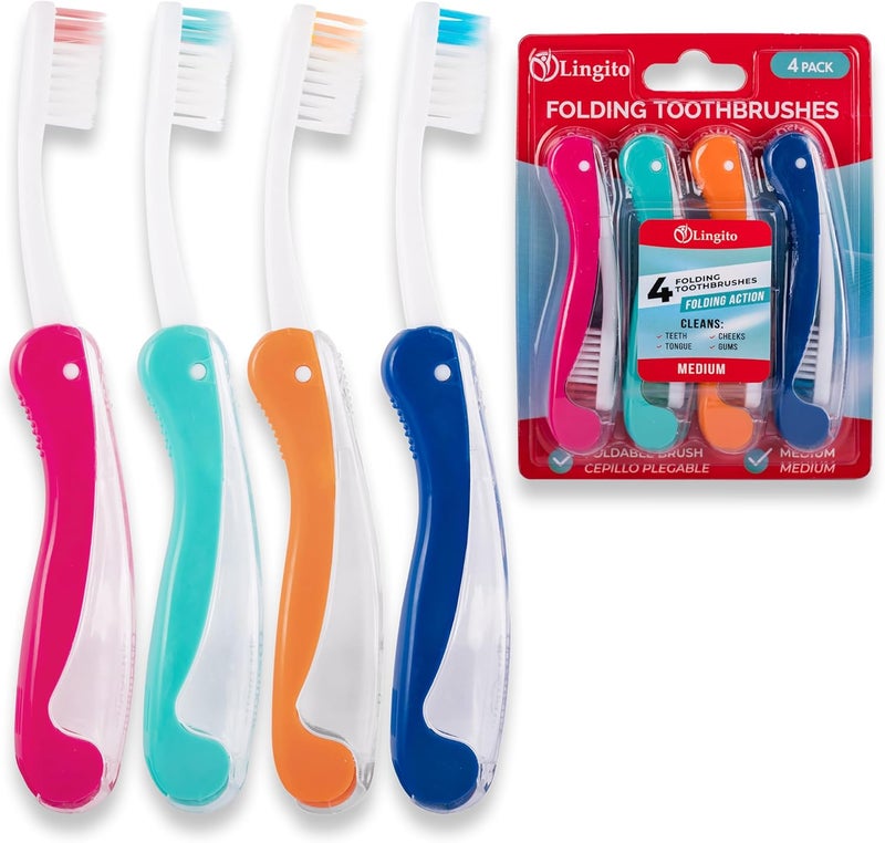 Lingito Travel Toothbrushes - Medium, Mini with Cover, Camping, Folding Travel Size, Adults Kit (4 Pack) - Image 1
