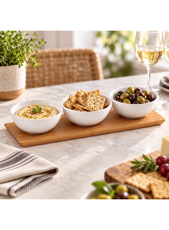 IKEA TYNGDLÖS 4-Piece Serving Set with Bamboo Tray and 3 White Stoneware Bowls, 37 cm Tray with 12 cm Bowls for Dips, Sauces, Nuts, Olives, Cheese, Snacks, Appetizers, Olive Oil and Vinegar, Ideal for Entertaining, Parties, Dining Tables and Movie Nights - Image 4