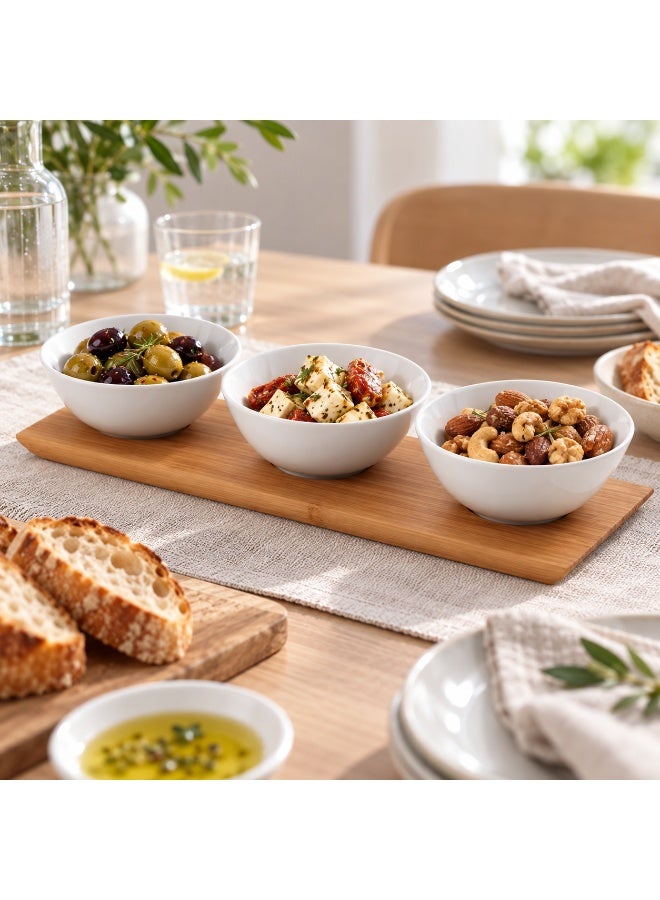IKEA TYNGDLÖS 4-Piece Serving Set with Bamboo Tray and 3 White Stoneware Bowls, 37 cm Tray with 12 cm Bowls for Dips, Sauces, Nuts, Olives, Cheese, Snacks, Appetizers, Olive Oil and Vinegar, Ideal for Entertaining, Parties, Dining Tables and Movie Nights - Image 2