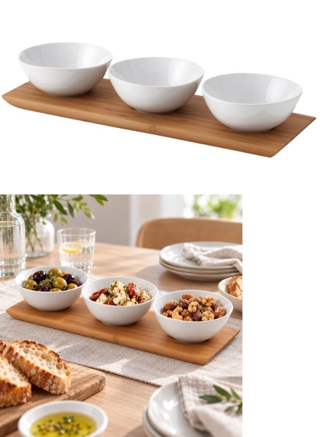 IKEA TYNGDLÖS 4-Piece Serving Set with Bamboo Tray and 3 White Stoneware Bowls, 37 cm Tray with 12 cm Bowls for Dips, Sauces, Nuts, Olives, Cheese, Snacks, Appetizers, Olive Oil and Vinegar, Ideal for Entertaining, Parties, Dining Tables and Movie Nights - Image 1