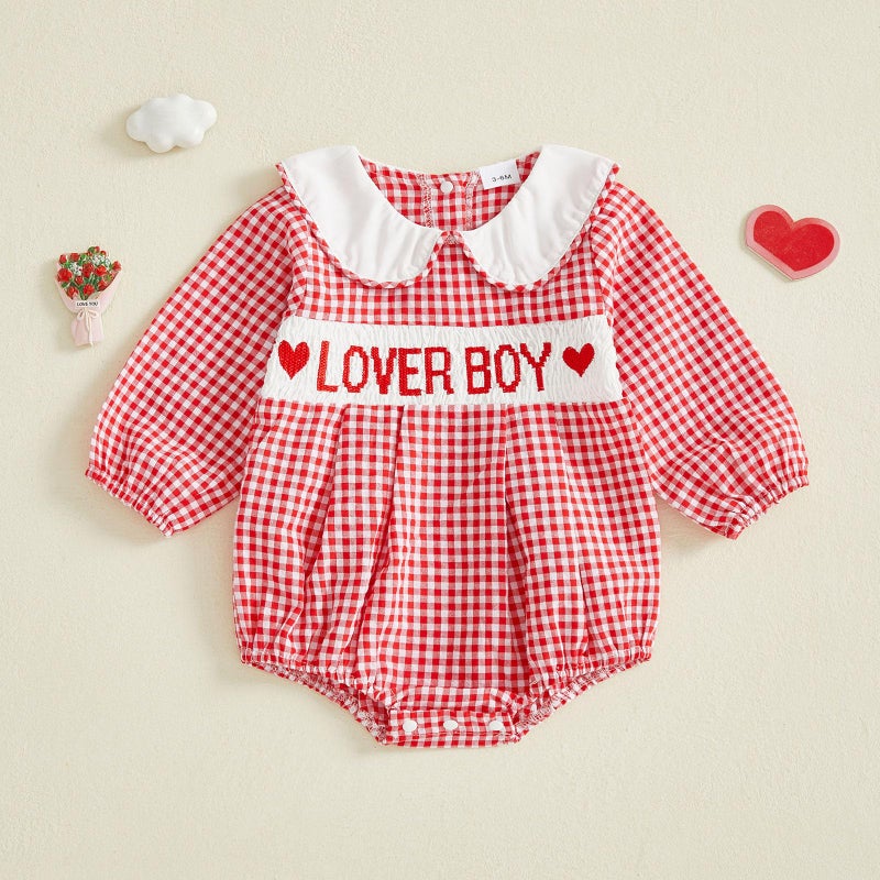 Socutebabe My First Valentines Baby Girl Outfit Newborn Smocked Bubble Romper Be Mine Long Sleeve Bodysuit Lover Boy Clothes (lover boy-Red, 3-6 Months) - Image 3
