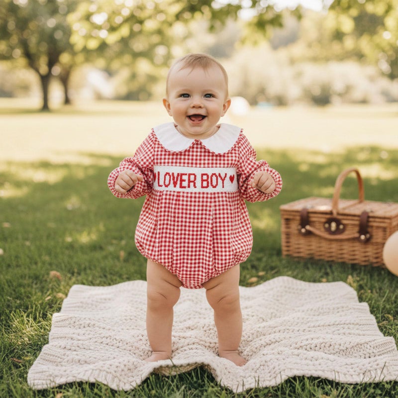 Socutebabe My First Valentines Baby Girl Outfit Newborn Smocked Bubble Romper Be Mine Long Sleeve Bodysuit Lover Boy Clothes (lover boy-Red, 3-6 Months) - Image 2