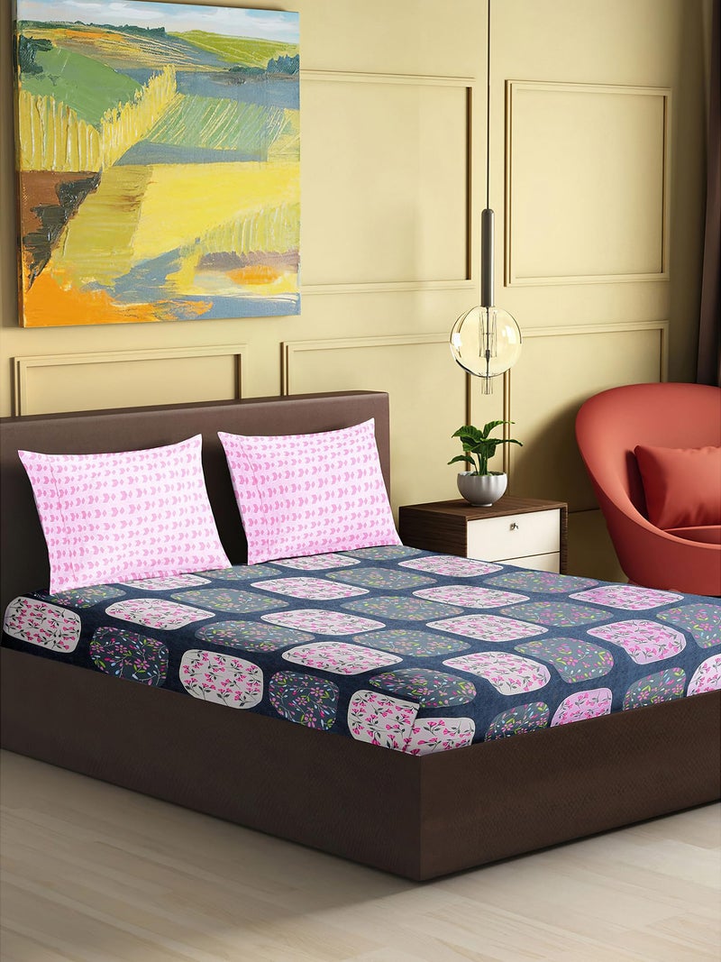 Skyla Bedsheet for Double Size Bed | 186 TC | Pink & Blue Geometrical | Printed | 1 Piece Cotton bedsheet for Double Size Bed with 2 Pillow Covers (228 x 254 cm) Perfect for Home Decor & Gifting - Image 5