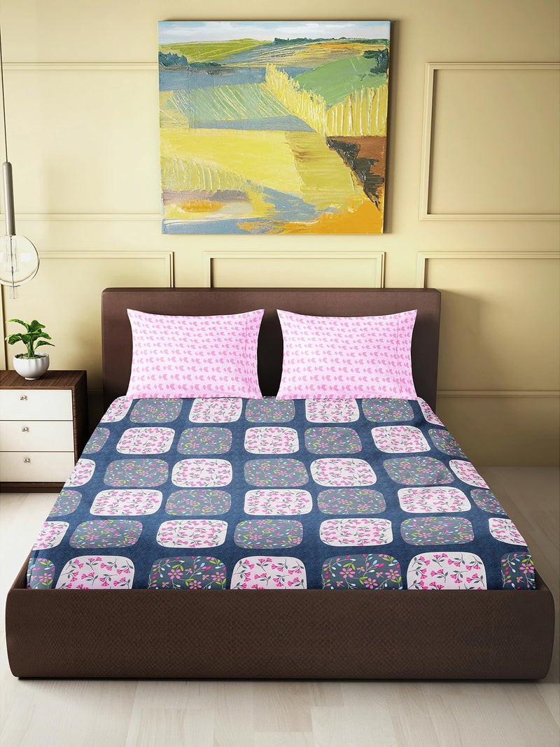 Skyla Bedsheet for Double Size Bed | 186 TC | Pink & Blue Geometrical | Printed | 1 Piece Cotton bedsheet for Double Size Bed with 2 Pillow Covers (228 x 254 cm) Perfect for Home Decor & Gifting - Image 1
