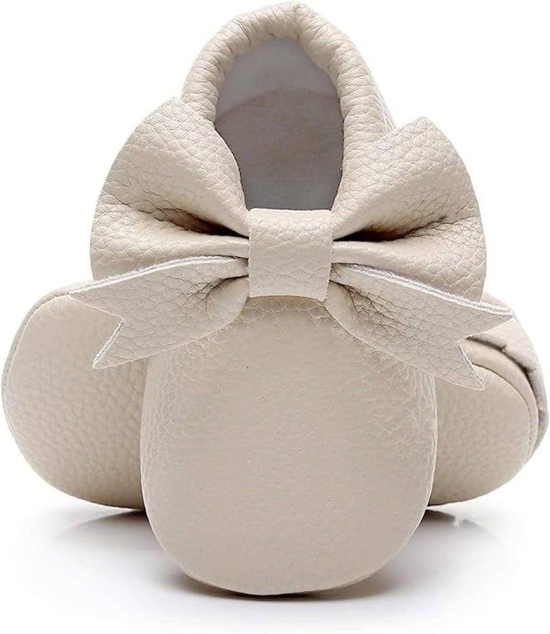 Bebila Double Bow Fringe Baby Moccasins - Soft Sole Baby Shoes Girls Toddler Crib Flats - Image 1