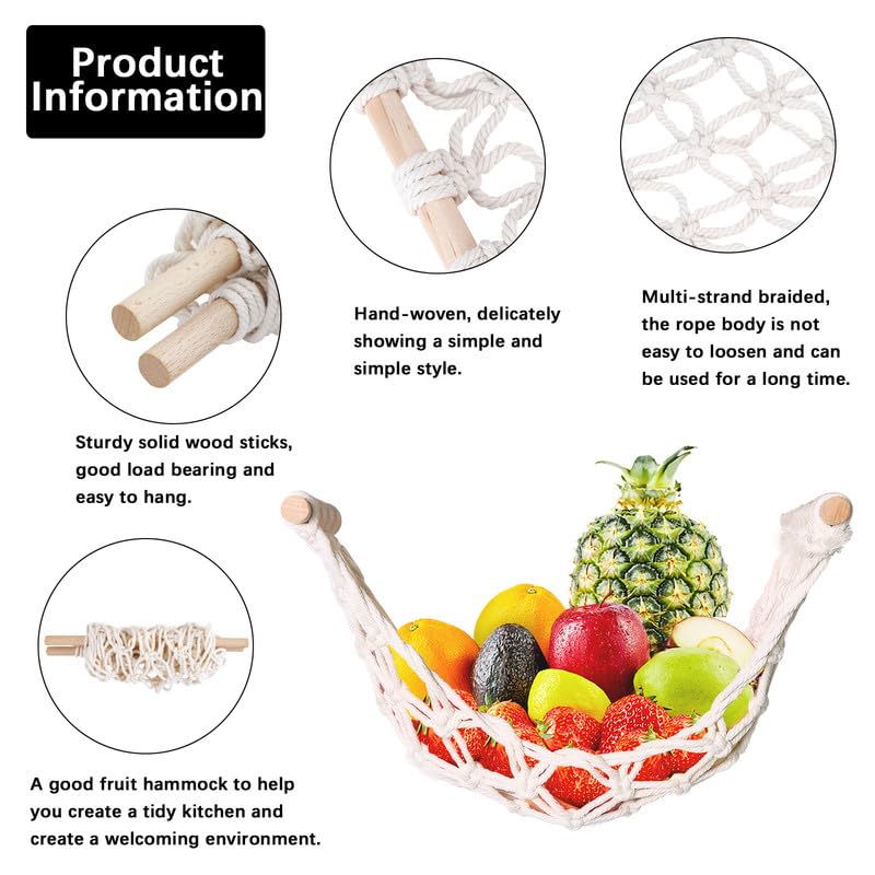 DIBALIYI Fruit Basket Hammock Under Cabinet Adhesive, Woven Vegetable Hanging Basket, Fruit Storage for Kitchen with Banana Hook, Mesh Fruits Holder Organization for Home Dining Room Decor (1Pcs) - Image 3