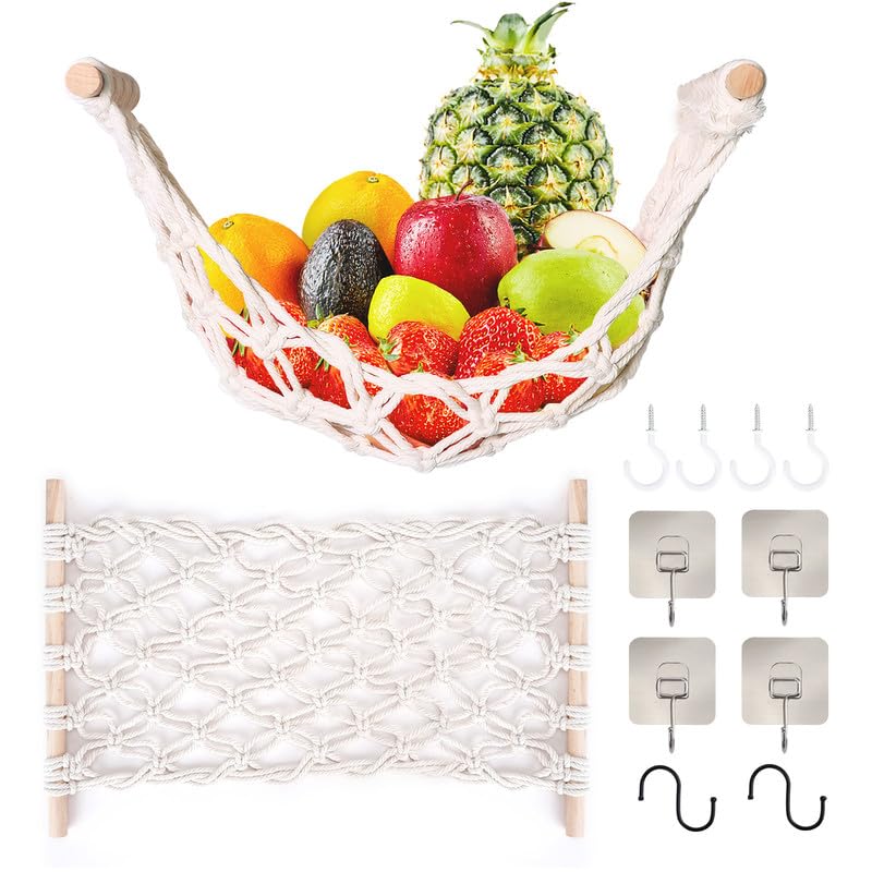 DIBALIYI Fruit Basket Hammock Under Cabinet Adhesive, Woven Vegetable Hanging Basket, Fruit Storage for Kitchen with Banana Hook, Mesh Fruits Holder Organization for Home Dining Room Decor (1Pcs) - Image 1