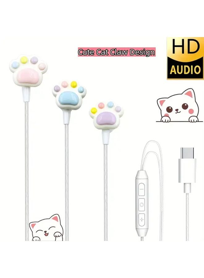 Pink Cute Cat Claw Wired Headphones With Microphone Type C In Ear HD Sound - Image 2