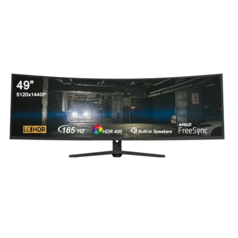شاشة ألعاب منحنية 49 بوصة، شاشة DQHD 5120x1440 فائقة العرض، شاشة كمبيوتر 165 هرتز 1 مللي ثانية VA، شاشة منحنية 1500R مع HDMI x2، منفذ DisplayPort، Type-C، محور USB، مكبرات صوت، حامل قابل للتعديل - Image 1