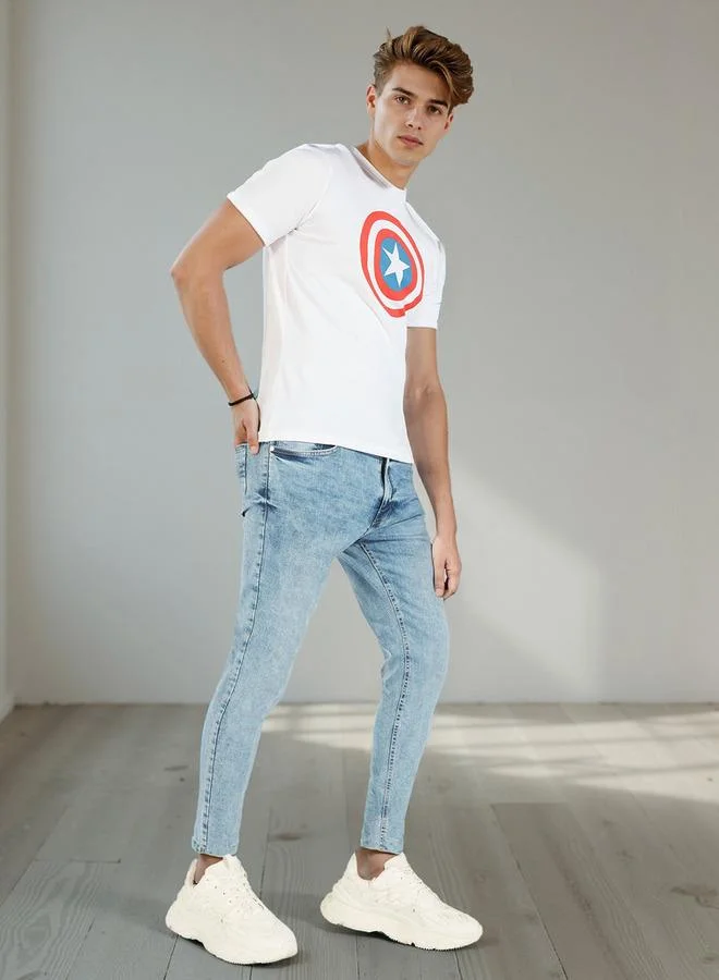 SP Characters Captain America Print Crew Neck Slim Fit T-shirt with Short Sleeves