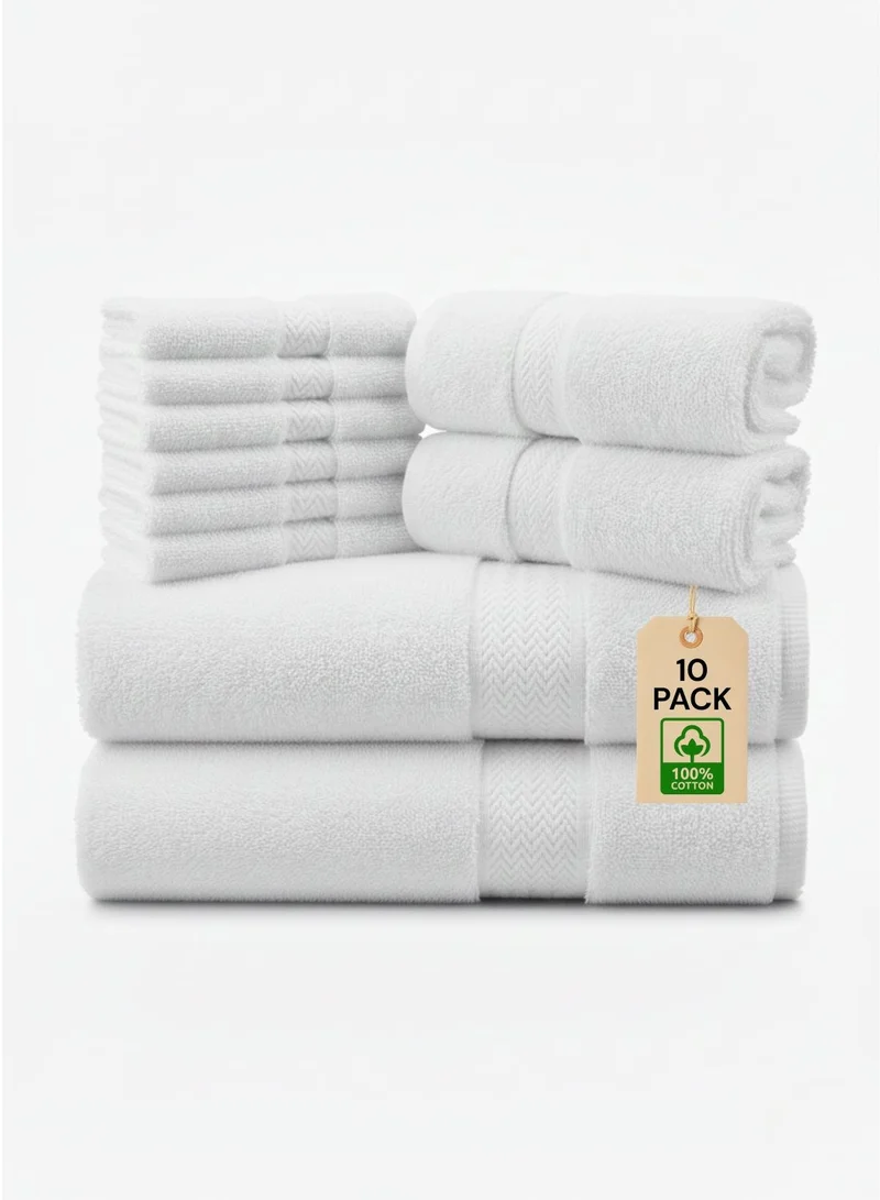 1 تشيس طقم مناشف قطنية 100% مكون من 10 قطع - 600 جرام/متر مربع، مناشف فاخرة بيضاء للحمام واليدين والغسيل