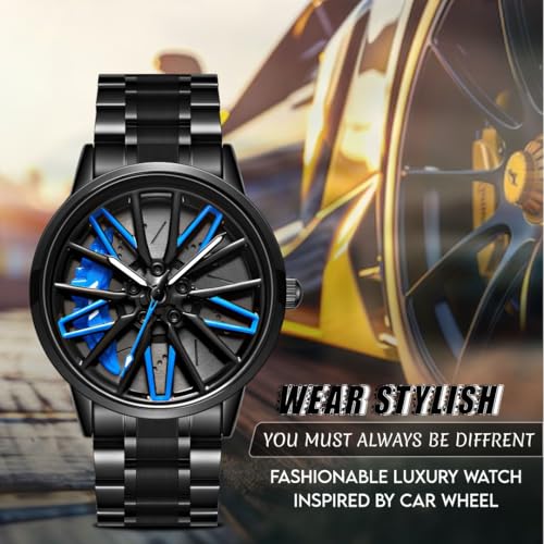 V2A Stainless Steel Vortex Wheel Rolling Series Men's Analog Watch Open Dial Black Strap Blue Watch Car Wheel-Inspired Design, Hollow Out Elegance Casual Watch For Men | Gift For Men - Image 5