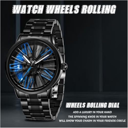 V2A Stainless Steel Vortex Wheel Rolling Series Men's Analog Watch Open Dial Black Strap Blue Watch Car Wheel-Inspired Design, Hollow Out Elegance Casual Watch For Men | Gift For Men - Image 3