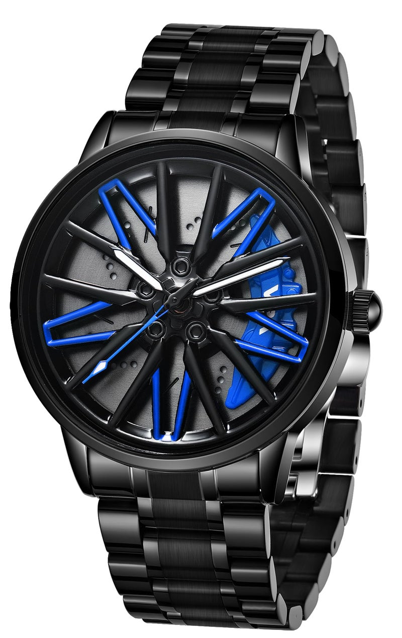 V2A Stainless Steel Vortex Wheel Rolling Series Men's Analog Watch Open Dial Black Strap Blue Watch Car Wheel-Inspired Design, Hollow Out Elegance Casual Watch For Men | Gift For Men - Image 1