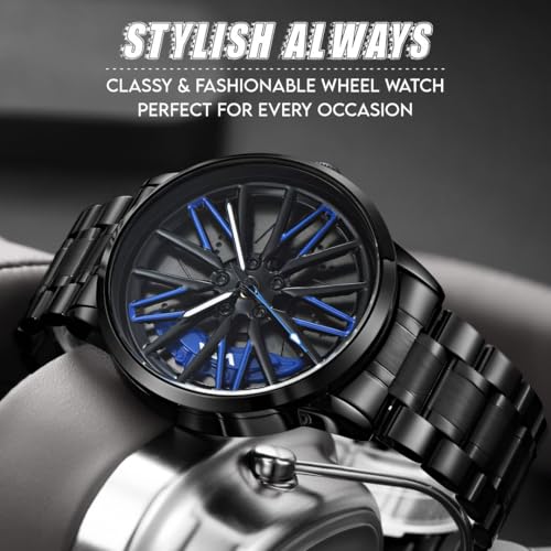 V2A Stainless Steel Vortex Wheel Rolling Series Men's Analog Watch Open Dial Black Strap Blue Watch Car Wheel-Inspired Design, Hollow Out Elegance Casual Watch For Men | Gift For Men - Image 2