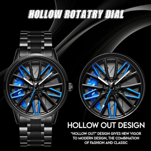 V2A Stainless Steel Vortex Wheel Rolling Series Men's Analog Watch Open Dial Black Strap Blue Watch Car Wheel-Inspired Design, Hollow Out Elegance Casual Watch For Men | Gift For Men - Image 4