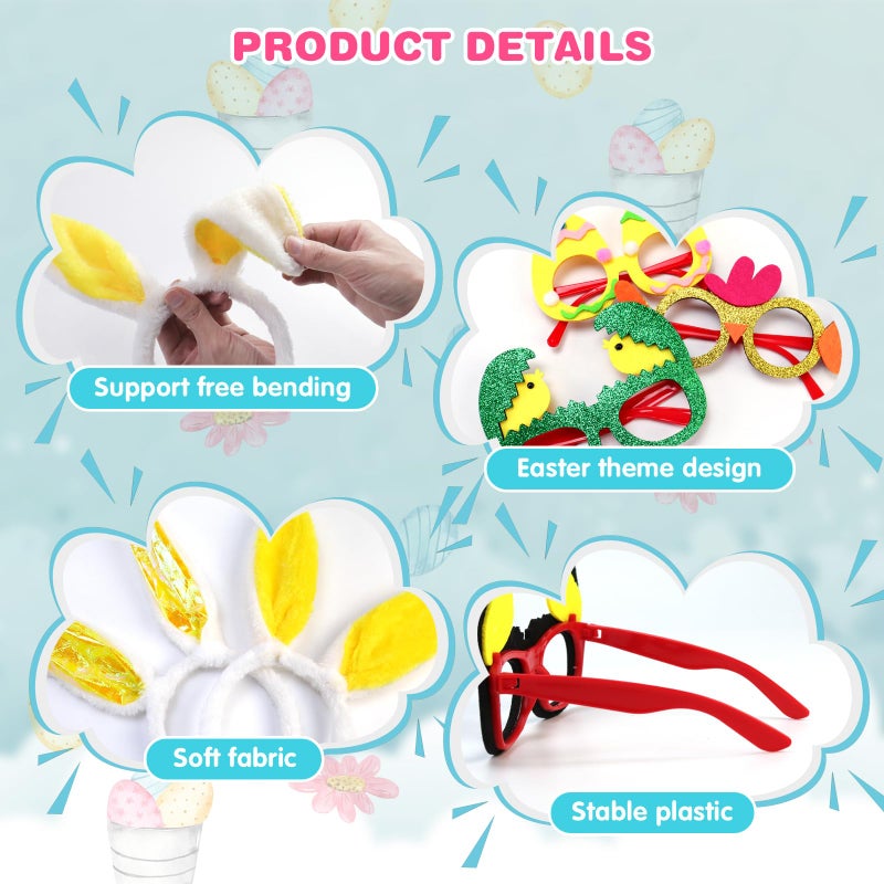 Oiuros 18PCS Easter Headbands Set â€“ Bunny Ears & Glasses Frame Kit with Chick Egg Decor, Party Favors Photo Booth Props for Kids Adults - Image 4