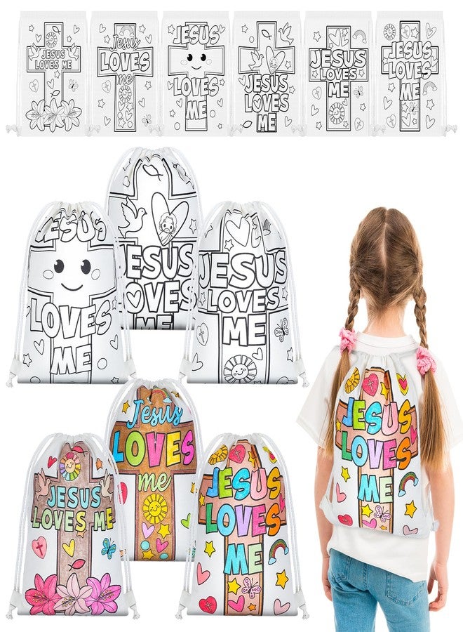 Dansydaisy 12 Pcs Color Your Own Jesus Loves Me Canvas Drawstring Bags Religious Coloring Crosses Christian DIY Crafts Christmas Holy Craft Coloring Bags for Sunday School Classroom Favor - Image 1