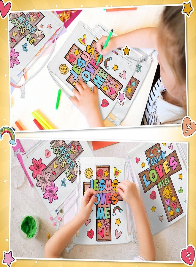 Dansydaisy 12 Pcs Color Your Own Jesus Loves Me Canvas Drawstring Bags Religious Coloring Crosses Christian DIY Crafts Christmas Holy Craft Coloring Bags for Sunday School Classroom Favor - Image 4