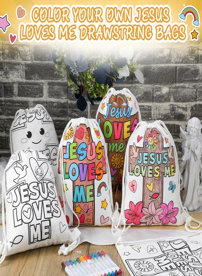 Dansydaisy 12 Pcs Color Your Own Jesus Loves Me Canvas Drawstring Bags Religious Coloring Crosses Christian DIY Crafts Christmas Holy Craft Coloring Bags for Sunday School Classroom Favor - Image 3