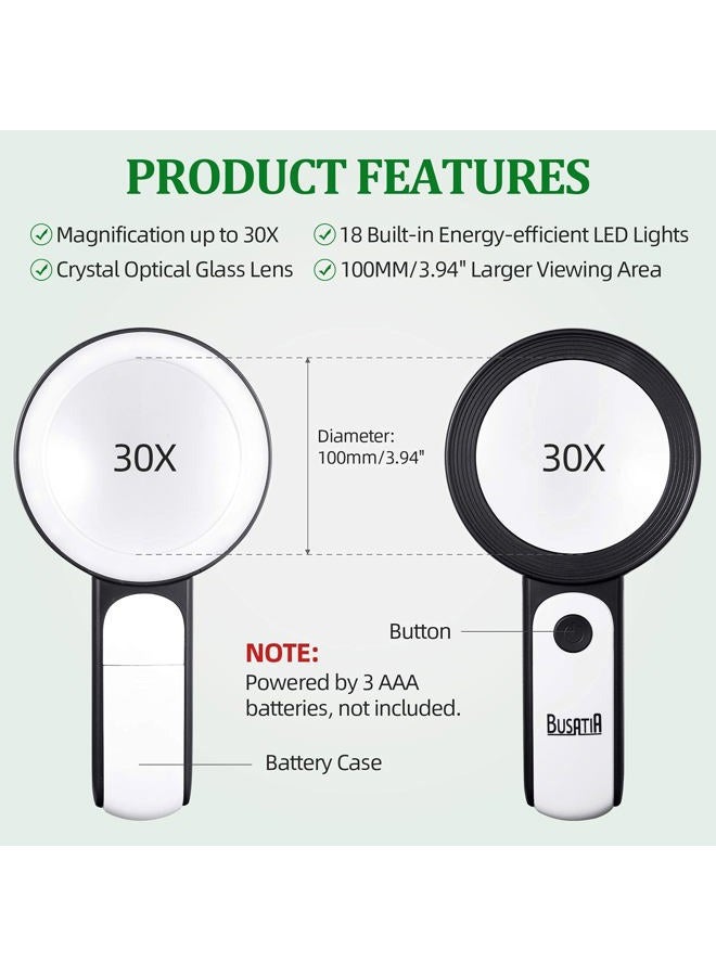 BUSATIA Magnifying Glass 30X, 18LED Handheld Large Magnifying Glass with light, 100mm/4in Glass Magnifier with 3 Modes, Illuminated Magnifying Glass for Reading, Hobbies (White + Black) - Image 4