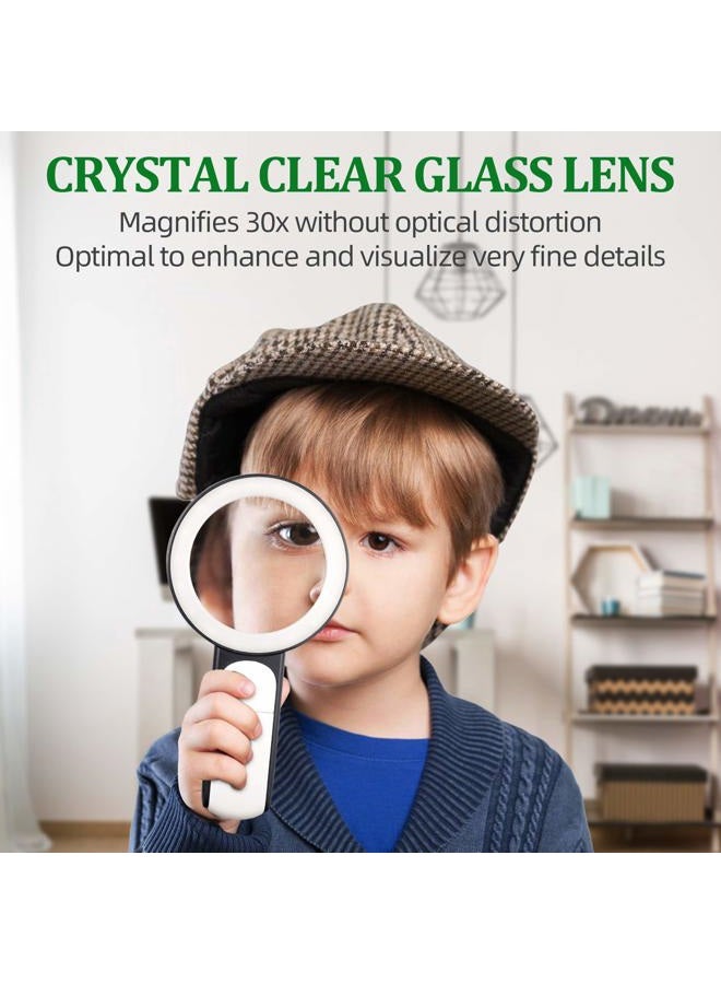 BUSATIA Magnifying Glass 30X, 18LED Handheld Large Magnifying Glass with light, 100mm/4in Glass Magnifier with 3 Modes, Illuminated Magnifying Glass for Reading, Hobbies (White + Black) - Image 2