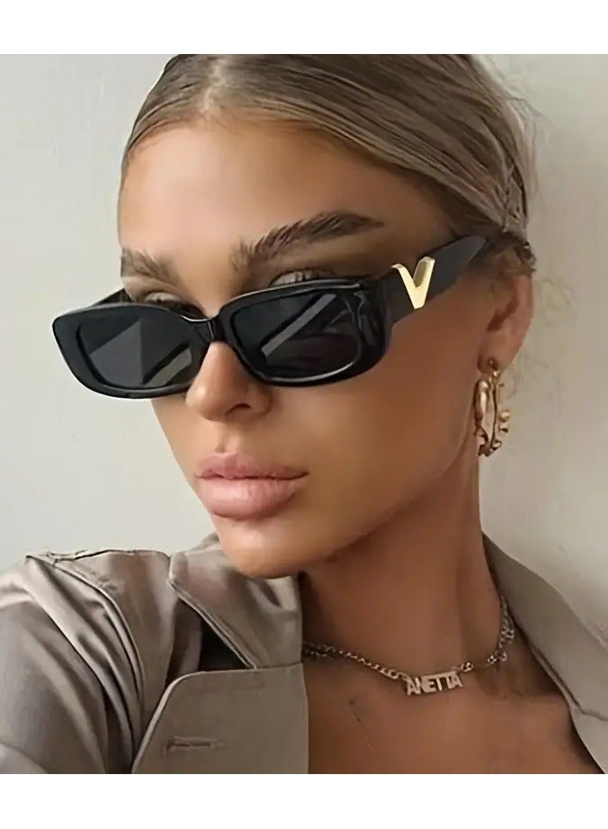 POLITE Black Designer V Sunglasses for Women, Anti Glare Sun Shades For Vacation Beach Party - Image 2