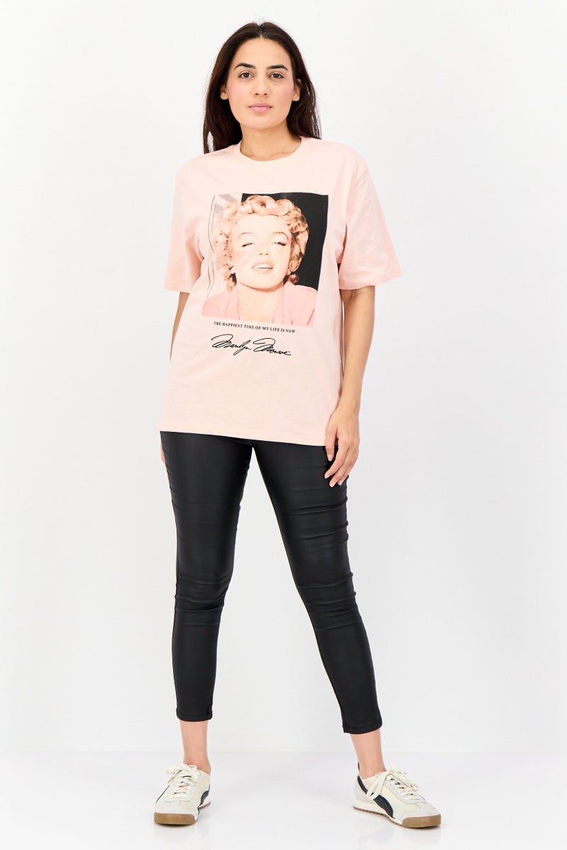 Marilyn Monroe Women Oversized Fit Crew Neck Short Sleeves Graphic Print T-Shirt, Pink - Image 2