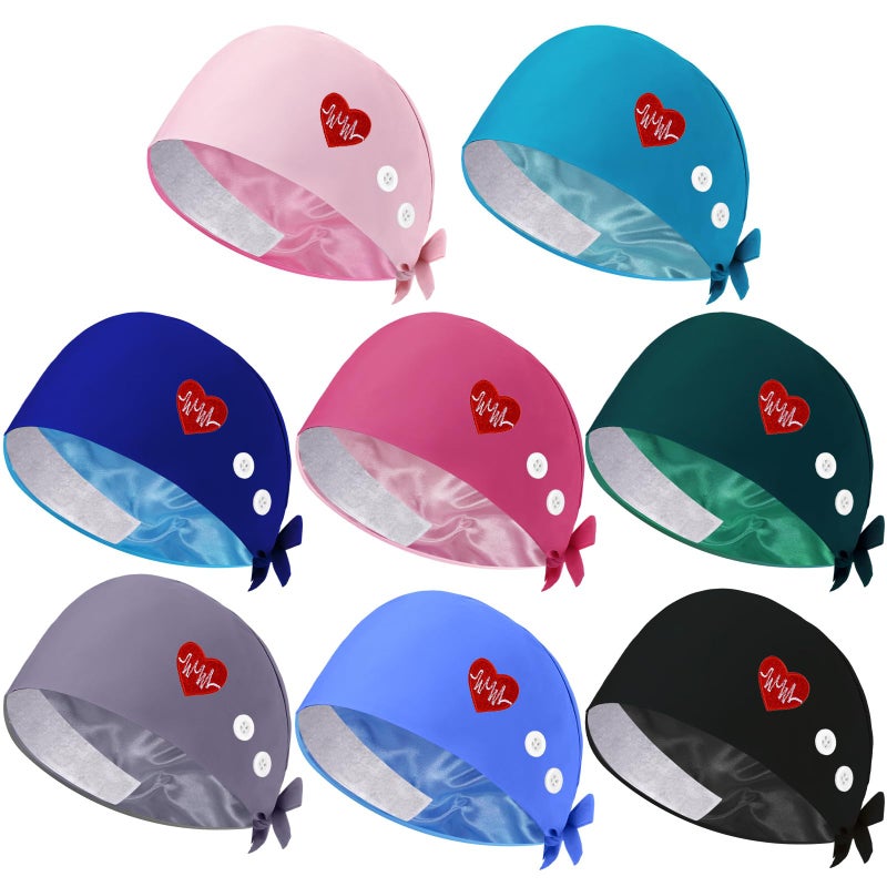 Jamntower 8 Pcs Satin Lined Scrub Cap Women Nurse Hat with Button and Sweatband Adjustable Bouffant Ponytail Surgical Cap(Multicolor,Cute) - Image 1