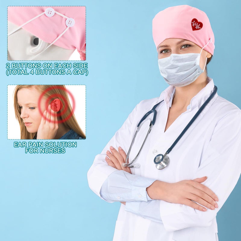 Jamntower 8 Pcs Satin Lined Scrub Cap Women Nurse Hat with Button and Sweatband Adjustable Bouffant Ponytail Surgical Cap(Multicolor,Cute) - Image 3