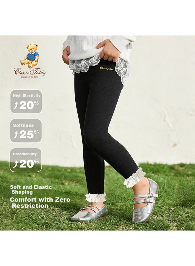 Classic Teddy Girls' Leggings Children's Pants Mid-child Sweet Lace Trim Versatile Long Pants Spring Black Size 100 - Image 1